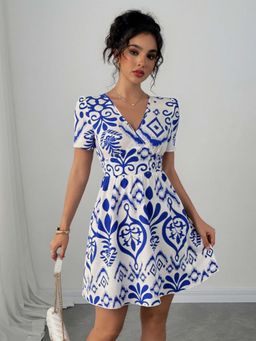 Outzidr - Blue V-Neck Waist Fit Casual Mini Dress