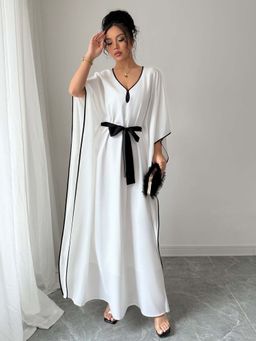 Outzidr - White V-Neck Kaftan Maxi Dress