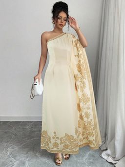 Outzidr - Cream One Shoulder Straight Fit Maxi Dress