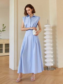 Outzidr - Blue Front Button Shirt Style Sleeveless Party Maxi Dress