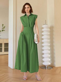 Outzidr - Green Front Button Shirt Style Sleeveless Party Maxi Dress