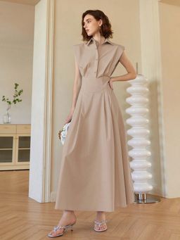 Outzidr - Brown Front Button Shirt Style Sleeveless Party Maxi Dress