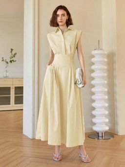 Outzidr - Cream Front Button Shirt Style Sleeveless Party Maxi Dress