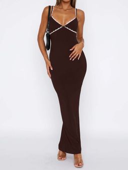 Outzidr - Brown Strappy Bodycon Party Maxi Dress