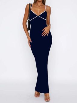 Outzidr - Navy Blue Strappy Bodycon Party Maxi Dress