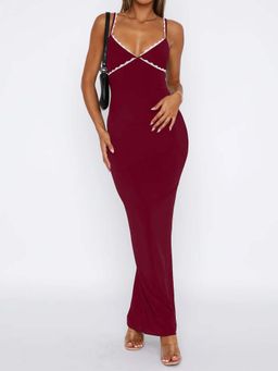 Outzidr - Wine Strappy Bodycon Party Maxi Dress