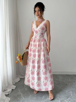 Outzidr - Pink Printed V-Neck Maxi Dress