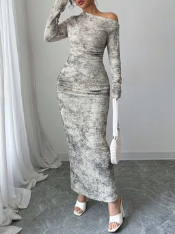 Outzidr - Cream One Off-Shoulder Full Sleeved Bodycon Maxi Dress