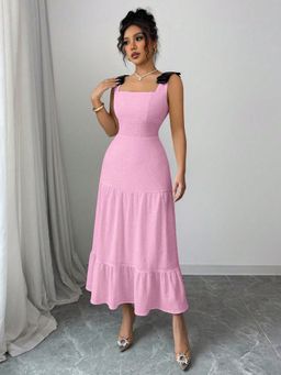 Outzidr - Pink Bow Attached Sleeveless Party Maxi Dress