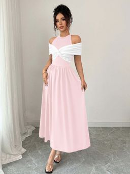 Outzidr - Pink Twisted Contrast Off Shoulder Party Maxi Dress