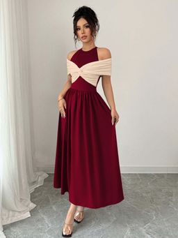 Outzidr - Maroon Twisted Contrast Off Shoulder Party Maxi Dress