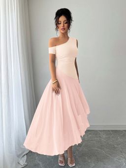 Outzidr - Pink One Shoulder Sleeveless Pleated Party Maxi Dress