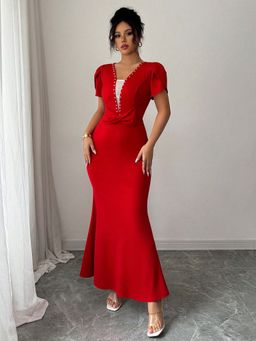 Outzidr - Red Petal Sleeve V-Neck Party Maxi Dress