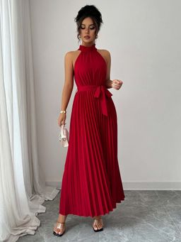 Outzidr - Red Halter Neck Pleated Textured Party Maxi Dress