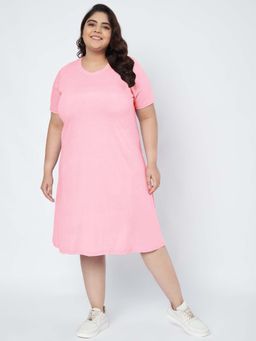 BRINNS - Plus Size Cotton Pink T-Shirt Knee Length Dress