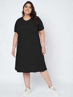 BRINNS - Plus Size Cotton Black T-Shirt Knee Length Dress
