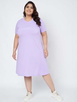 BRINNS - Plus Size Cotton Lavender T-Shirt Knee Length Dress