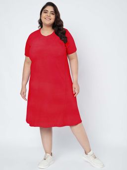 BRINNS - Plus Size Cotton Red T-Shirt Knee Length Dress