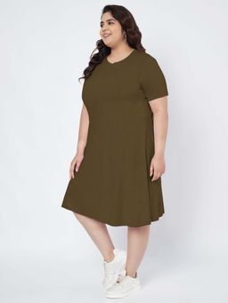BRINNS - Plus Size Cotton Olive T-Shirt Knee Length Dress