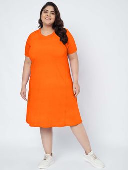 BRINNS - Plus Size Cotton Orange T-Shirt Knee Length Dress