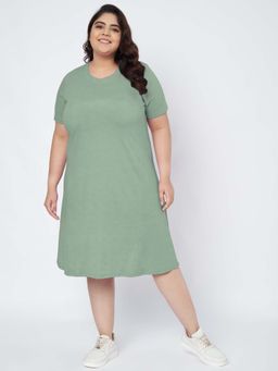 BRINNS - Plus Size Cotton Green T-Shirt Knee Length Dress