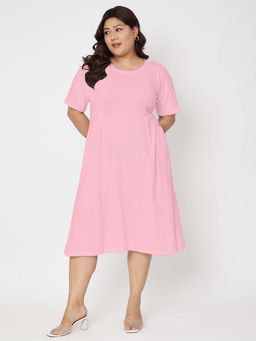 BRINNS - Plus Size Pure Cotton Pink Round Neck Short Sleeves A-Line Knee Length Dress