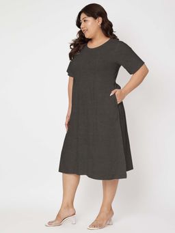 BRINNS - Plus Size Pure Cotton Charcoal Round Neck Short Sleeves A-Line Knee Length Dress
