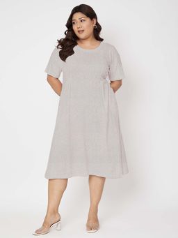 BRINNS - Plus Size Pure Cotton Grey Round Neck Short Sleeves A-Line Knee Length Dress