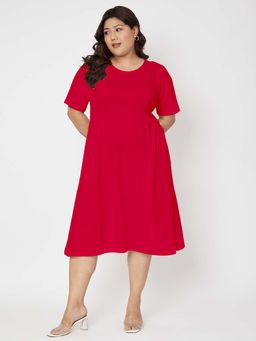 BRINNS - Plus Size Pure Cotton Magenta Round Neck Short Sleeves A-Line Knee Length Dress