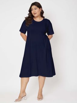 BRINNS - Plus Size Pure Cotton Navy Blue Round Neck Short Sleeves A-Line Knee Length Dress