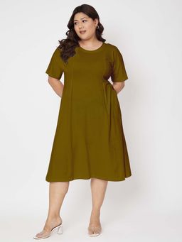 BRINNS - Plus Size Pure Cotton Olive Round Neck Short Sleeves A-Line Knee Length Dress