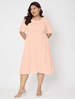 BRINNS - Plus Size Pure Cotton Peach Round Neck Short Sleeves A-Line Knee Length Dress