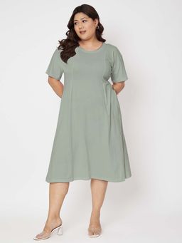 BRINNS - Plus Size Pure Cotton Green Round Neck Short Sleeves A-Line Knee Length Dress