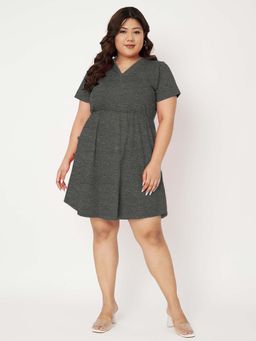 BRINNS - Women Charcoal Plus Size V-Neck Fit And Flare Knee Length Dress
