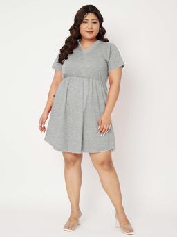 BRINNS - Women Grey Plus Size V-Neck Fit And Flare Knee Length Dress