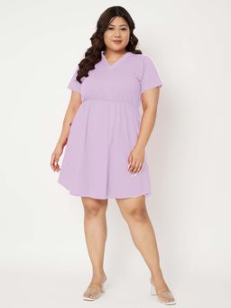 BRINNS - Women Lavender Plus Size V-Neck Fit And Flare Knee Length Dress