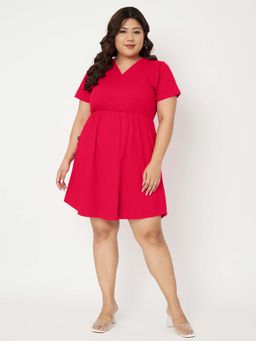 BRINNS - Women Magenta Plus Size V-Neck Fit And Flare Knee Length Dress