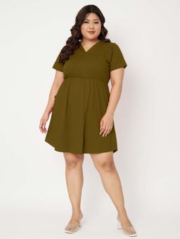 BRINNS - Women Olive Plus Size V-Neck Fit And Flare Knee Length Dress