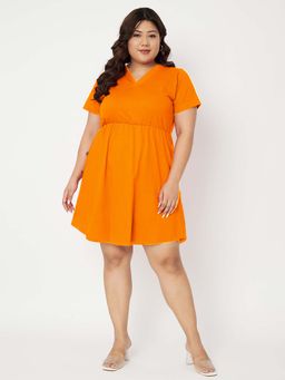 BRINNS - Women Orange Plus Size V-Neck Fit And Flare Knee Length Dress