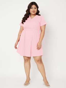 BRINNS - Women Pink Plus Size V-Neck Fit And Flare Knee Length Dress