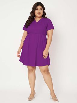 BRINNS - Women Purple Plus Size V-Neck Fit And Flare Knee Length Dress