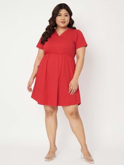 BRINNS - Women Red Plus Size V-Neck Fit And Flare Knee Length Dress