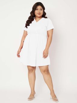 BRINNS - Women White Plus Size V-Neck Fit And Flare Knee Length Dress