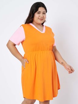 BRINNS - Plus Size Orange Colour blocked Knee Length Dress
