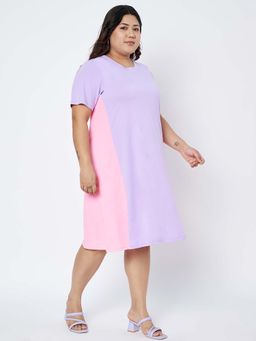 BRINNS - Plus Size Lavender Colour blocked Cotton A-Line Knee Length Dress