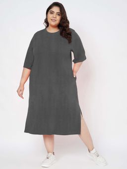 BRINNS - Women Charcoal Plus Size Cotton T-Shirt Midi Length Dress