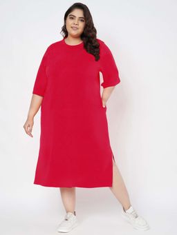 BRINNS - Women Magenta Plus Size Cotton T-Shirt Midi Length Dress