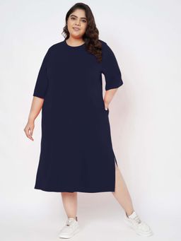 BRINNS - Women Navy Blue Plus Size Cotton T-Shirt Midi Length Dress