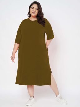 BRINNS - Women Olive Plus Size Cotton T-Shirt Midi Length Dress