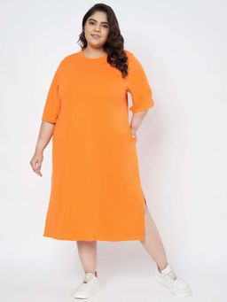 BRINNS - Women Orange Plus Size Cotton T-Shirt Midi Length Dress